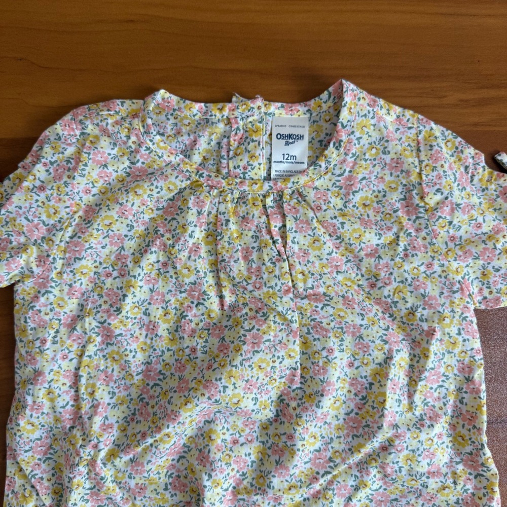 SALE OshKosh B'gosh Baby Girl 12m Floral Bubble Romper Short Sleeve Tie Sleeve - Picture 4 of 7